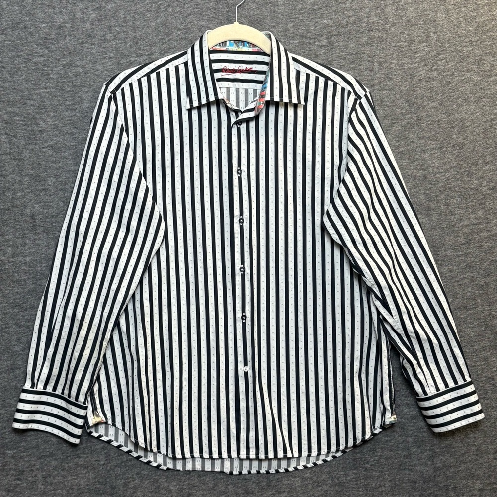 Robert Graham Shirt Sz XL Contrast Cuff Gray Black Stripe Gray Dots 100% Cotton